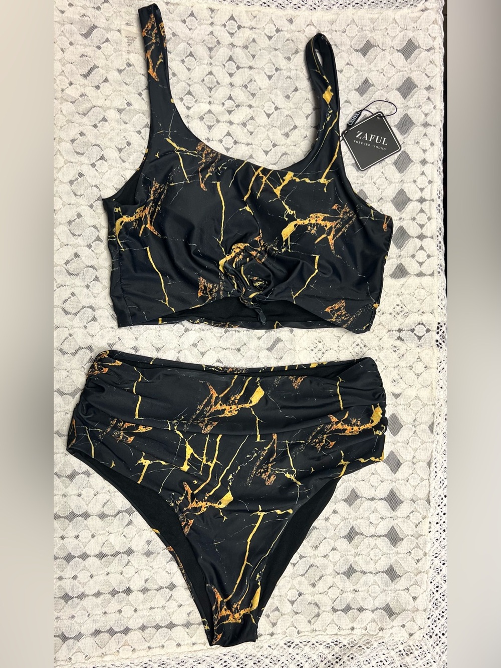 Zaful Black & Gold Marble High-Waist Bikini Set